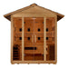 Front view of Golden Designs Gargellen 5 Person Hybrid Outdoor Sauna showing a shingled gable roof, glass doors, carbon panels, near infrared heaters and a guarded stove
