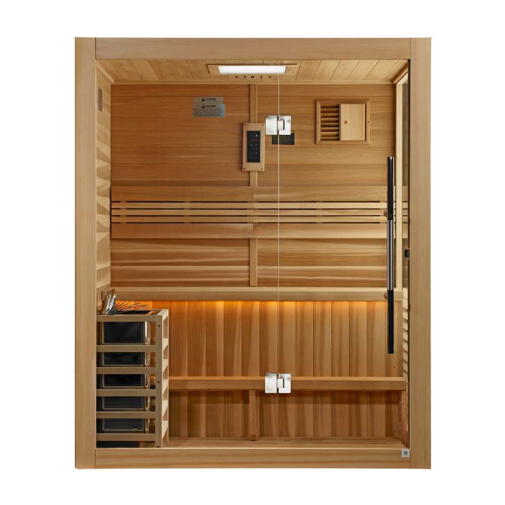 Front view of Golden Designs Hanko 2-3 Person Traditional Sauna showing a clear glass front, a guarded stove on the left and warm amber light under the cedar bench