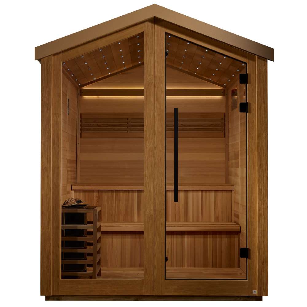 Front view of Golden Designs Kaarina 6 Person Barn Outdoor Traditional Sauna showing a gable roof, double glass doors, lit benches and a guarded stove