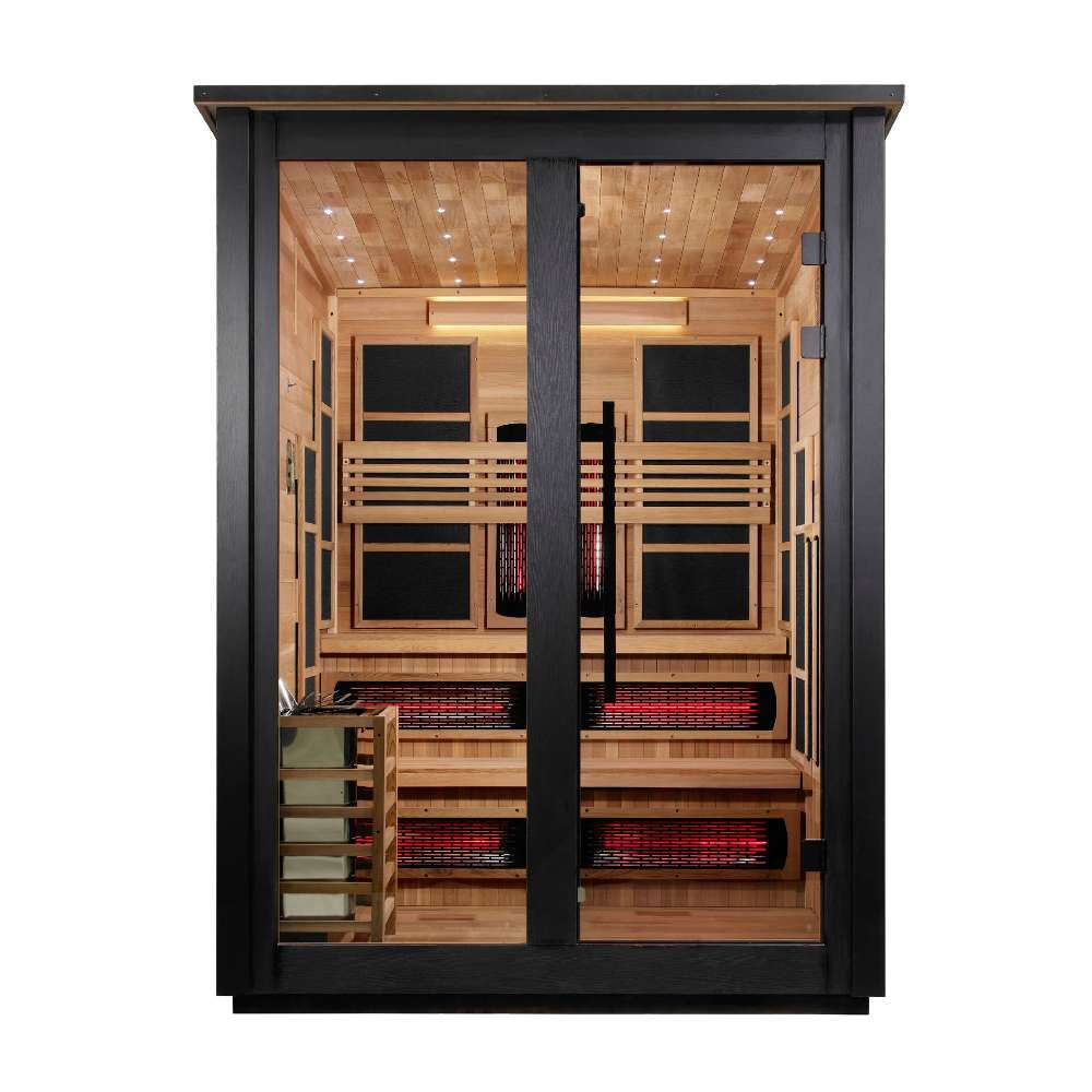 Front view of Golden Designs Kaskinen 6 Person 2 Tone Barn Hybrid Outdoor Sauna showing a black frame, double glass doors and a cedar interior with infrared heaters