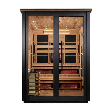 Front view of Golden Designs Kaskinen 6 Person 2 Tone Barn Hybrid Outdoor Sauna showing a black frame, double glass doors and a cedar interior with infrared heaters