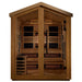 Front view of Golden Designs Kaskinen 6 Person Barn Hybrid Outdoor Sauna showing a peaked roof, glass double doors, star lights in the ceiling and glowing infrared heaters