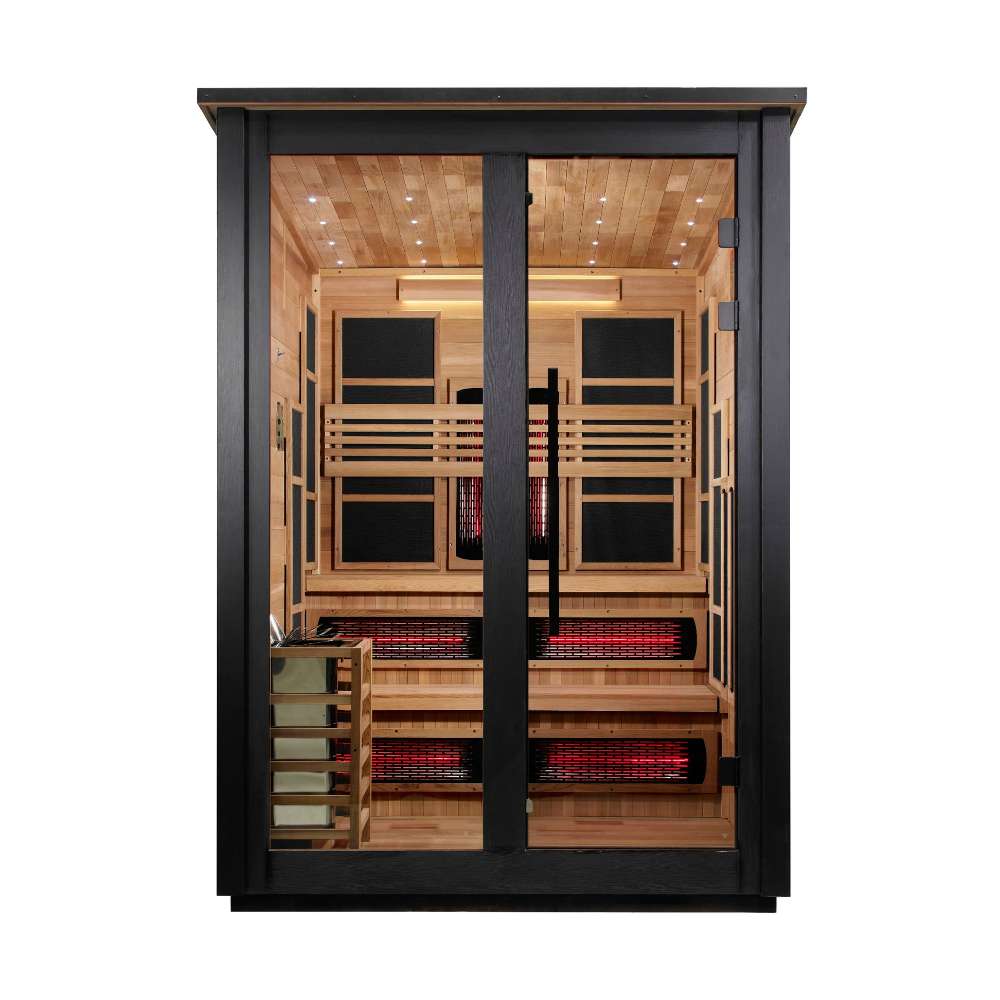 Front view of Golden Designs Kaskinen 6 Person Black Barn Hybrid Outdoor Sauna showing a black exterior, double glass doors, cedar interior and infrared heaters
