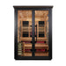 Front view of Golden Designs Kaskinen 6 Person Black Barn Hybrid Outdoor Sauna showing a black exterior, double glass doors, cedar interior and infrared heaters