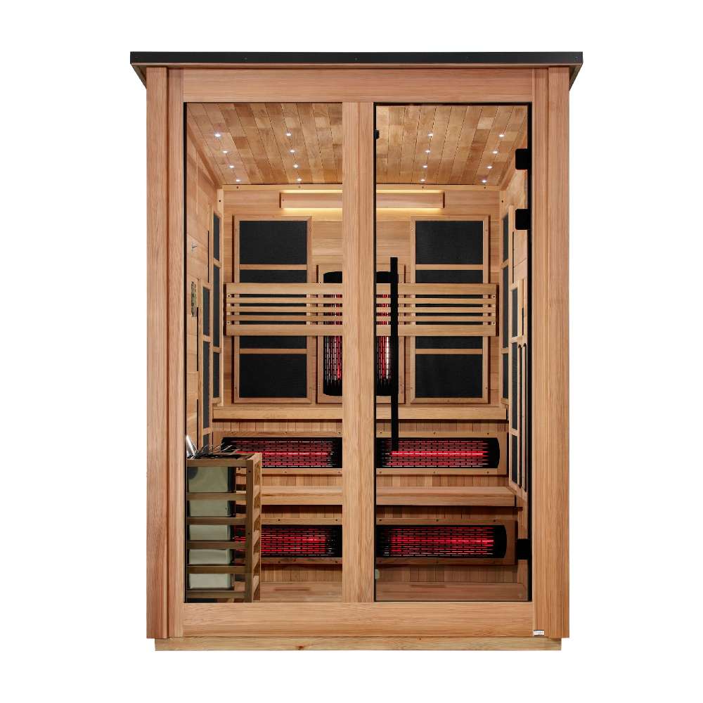 Front view of Golden Designs Kaskinen 6 Person Pacific Cedar Barn Hybrid Outdoor Sauna showing a cedar exterior, double glass doors and infrared heaters inside