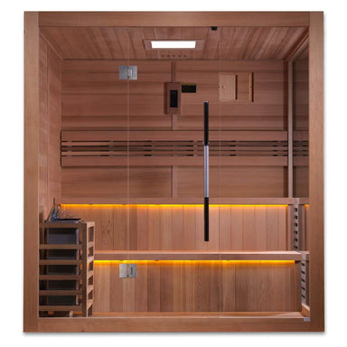 Front view of Golden Designs Kuusamo 6 Person Traditional Sauna showing a glass front with a tall black handle, a guarded stove on the left and amber light under the benches