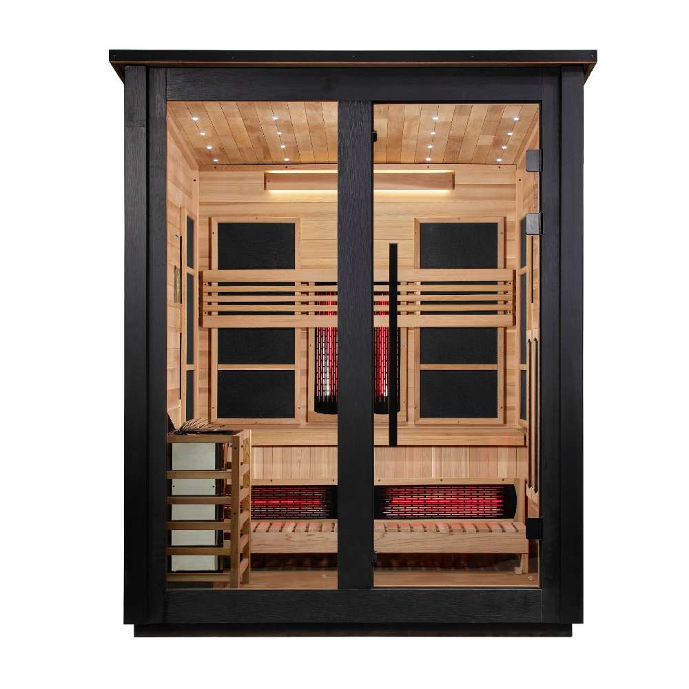 Front view of Golden Designs Loviisa 3 Person 2 Tone Barn Hybrid Outdoor Sauna showing a black frame, double glass doors and a cedar interior with infrared heaters