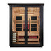Front view of Golden Designs Loviisa 3 Person 2 Tone Barn Hybrid Outdoor Sauna showing a black frame, double glass doors and a cedar interior with infrared heaters