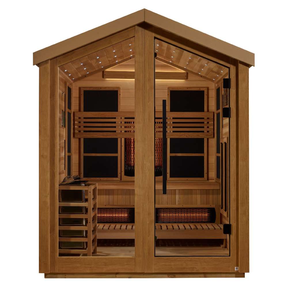 Front view of Golden Designs Loviisa 3 Person Barn Hybrid Outdoor Sauna showing a gable roof, glass doors, carbon panels and a guarded stove