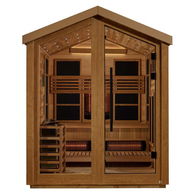 Front view of Golden Designs Loviisa 3 Person Barn Hybrid Outdoor Sauna showing a gable roof, glass doors, carbon panels and a guarded stove