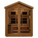 Front view of Golden Designs Loviisa 3 Person Barn Hybrid Outdoor Sauna showing a gable roof, glass doors, carbon panels and a guarded stove