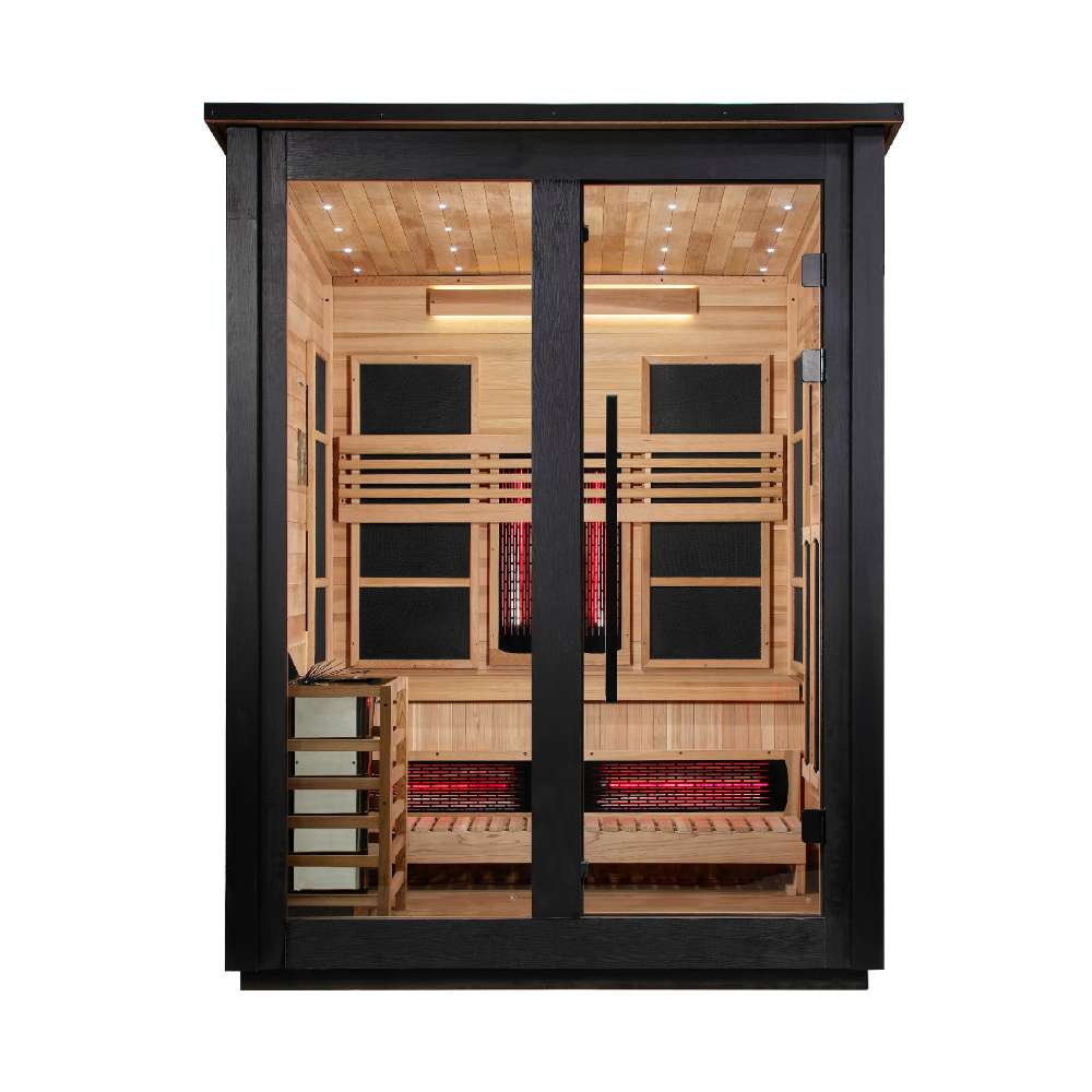 Front view of Golden Designs Loviisa 3 Person Black Barn Hybrid Outdoor Sauna showing a black exterior, double glass doors, a cedar interior and glowing infrared heaters