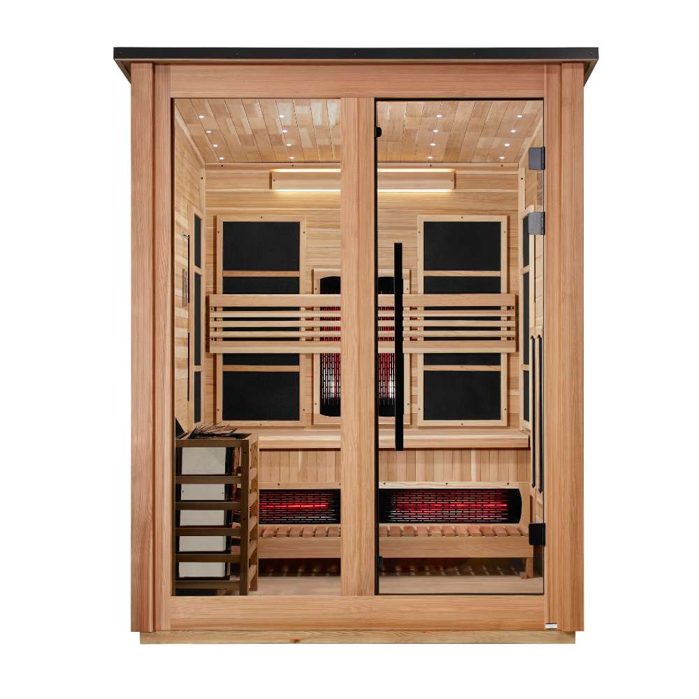 Front view of Golden Designs Loviisa 3 Person Pacific Cedar Barn Hybrid Outdoor Sauna showing a cedar exterior, double glass doors and glowing infrared heaters inside