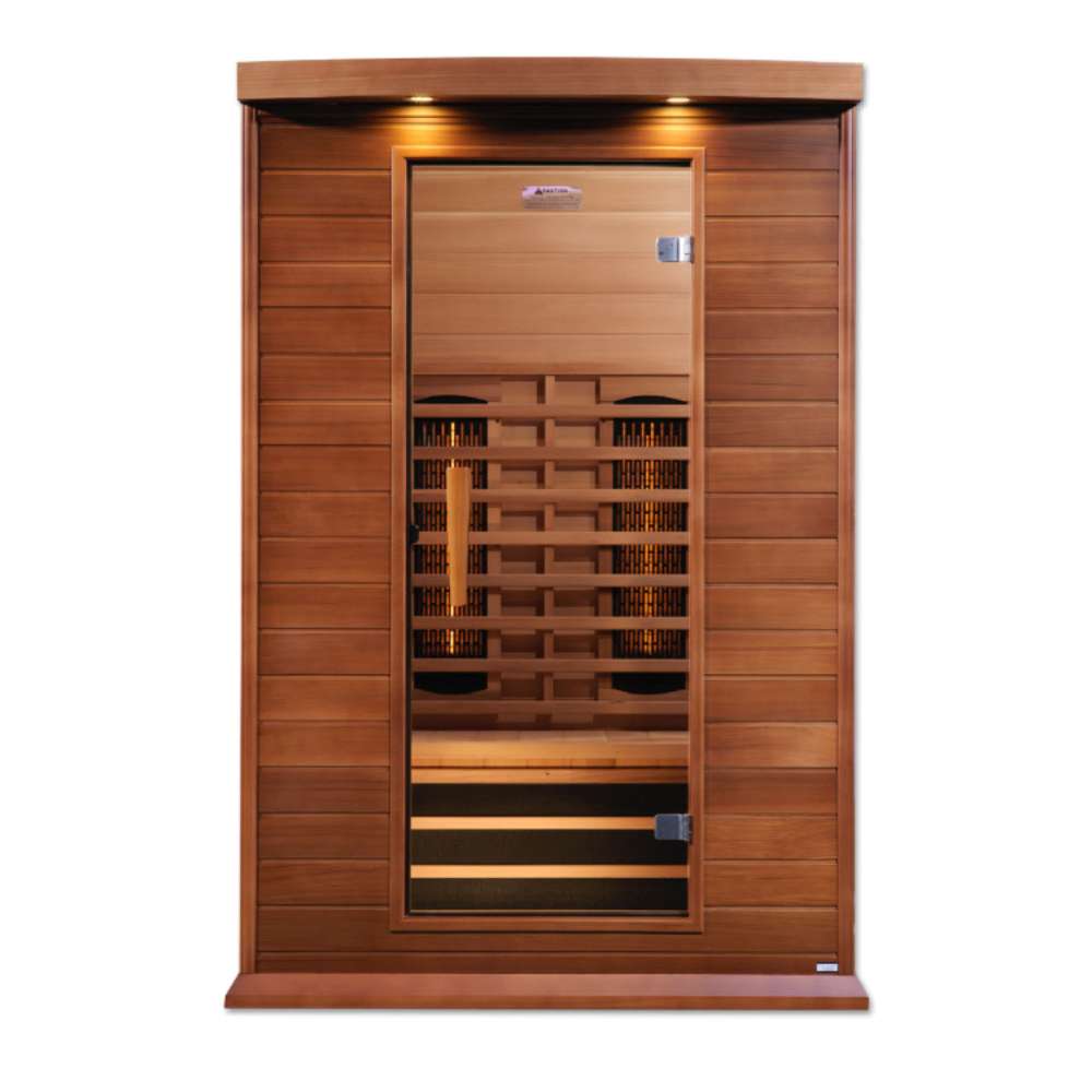 Front view of Golden Designs Maxxus 2 Person Full Spectrum Infrared Sauna in Red Cedar showing a red cedar cabin, bronze glass door and near infrared elements