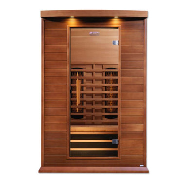 Front view of Golden Designs Maxxus 2 Person Full Spectrum Infrared Sauna in Red Cedar showing a red cedar cabin, bronze glass door and near infrared elements
