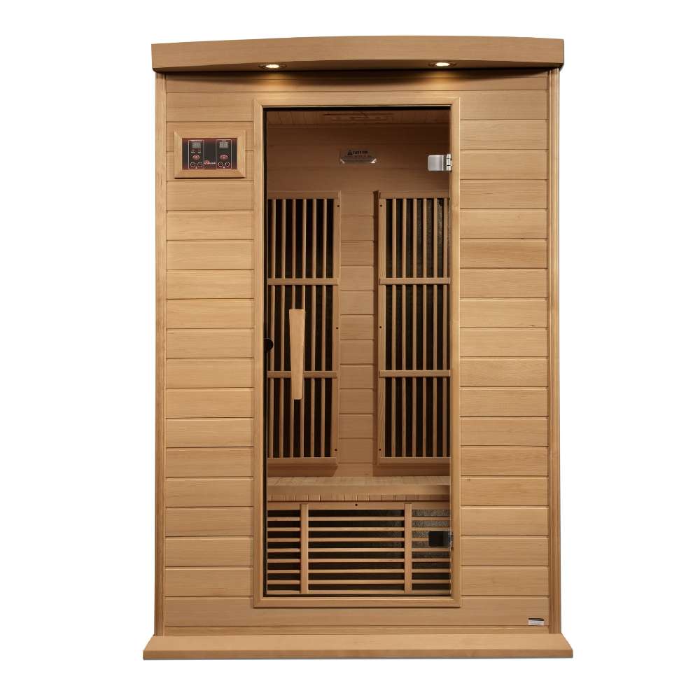 Front view of Golden Designs Maxxus 2 Person Near Zero EMF Far Infrared Sauna in Hemlock showing a hemlock cabin, bronze glass door and exterior control panel