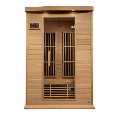Front view of Golden Designs Maxxus 2 Person Near Zero EMF Far Infrared Sauna in Hemlock showing a hemlock cabin, bronze glass door and exterior control panel