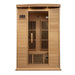Front view of Golden Designs Maxxus 2 Person Near Zero EMF Far Infrared Sauna in Hemlock showing a hemlock cabin, bronze glass door and exterior control panel