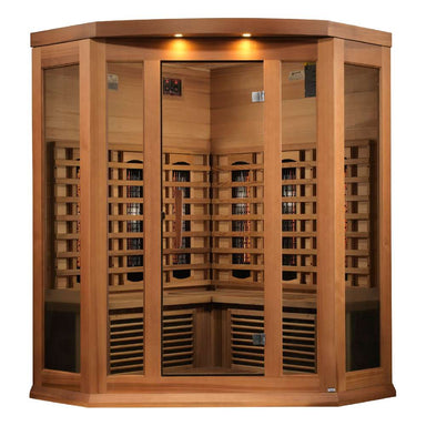 Front view of Golden Designs Maxxus 3 Person Full Spectrum Infrared Corner Sauna in Red Cedar showing its angled corner shape, bronze glass door and near infrared elements