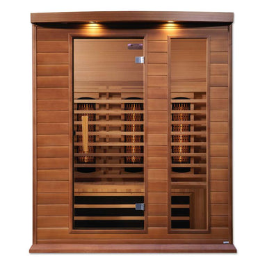 Front view of Golden Designs Maxxus 3 Person Full Spectrum Infrared Sauna in Red Cedar showing a red cedar cabin, bronze glass door and roof accent lights