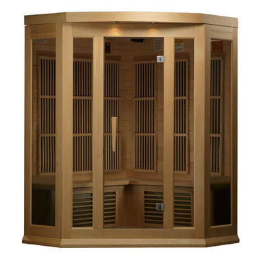 Front view of Golden Designs Maxxus 3 Person Low EMF Far Infrared Corner Sauna in Hemlock showing its angled corner shape, bronze glass door and glass side panels