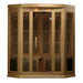 Front view of Golden Designs Maxxus 3 Person Low EMF Far Infrared Corner Sauna in Hemlock showing its angled corner shape, bronze glass door and glass side panels