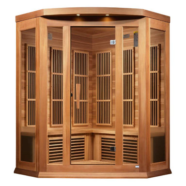 Front view of Golden Designs Maxxus 3 Person Low EMF Far Infrared Corner Sauna in Red Cedar showing its angled corner cabin, clear glass door and roof accent lights