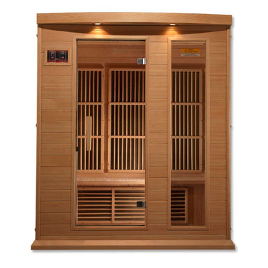 Front view of Golden Designs Maxxus 3 Person Low EMF Far Infrared Sauna in Hemlock showing a hemlock cabin, glass door, exterior control panel and roof accent lights