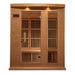 Front view of Golden Designs Maxxus 3 Person Low EMF Far Infrared Sauna in Hemlock showing a hemlock cabin, glass door, exterior control panel and roof accent lights