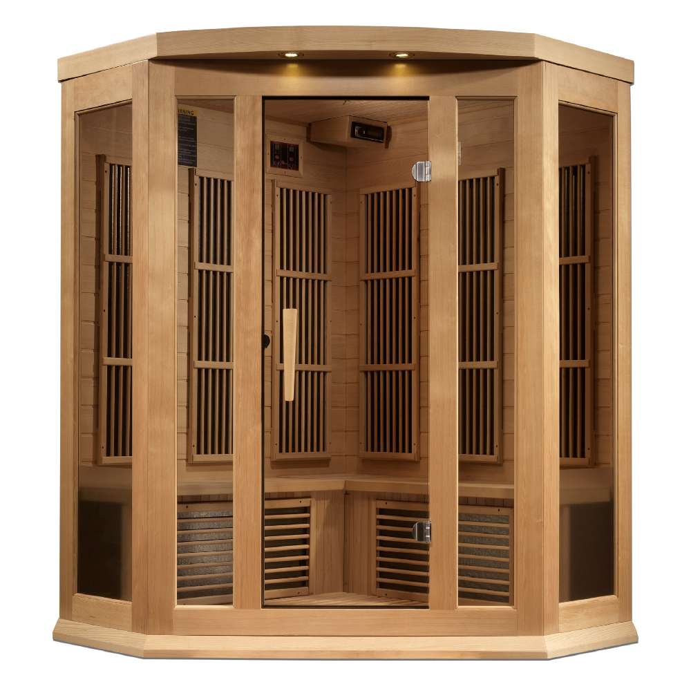 Front view of Golden Designs Maxxus 3 Person Near Zero EMF Far Infrared Corner Sauna in Hemlock showing its angled corner cabin, clear glass door and roof accent lights