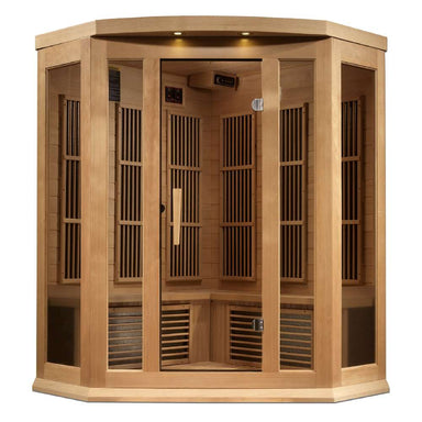 Front view of Golden Designs Maxxus 3 Person Near Zero EMF Far Infrared Corner Sauna in Hemlock showing its angled corner cabin, clear glass door and roof accent lights