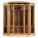 Front view of Golden Designs Maxxus 3 Person Near Zero EMF Far Infrared Corner Sauna in Hemlock showing its angled corner cabin, clear glass door and roof accent lights