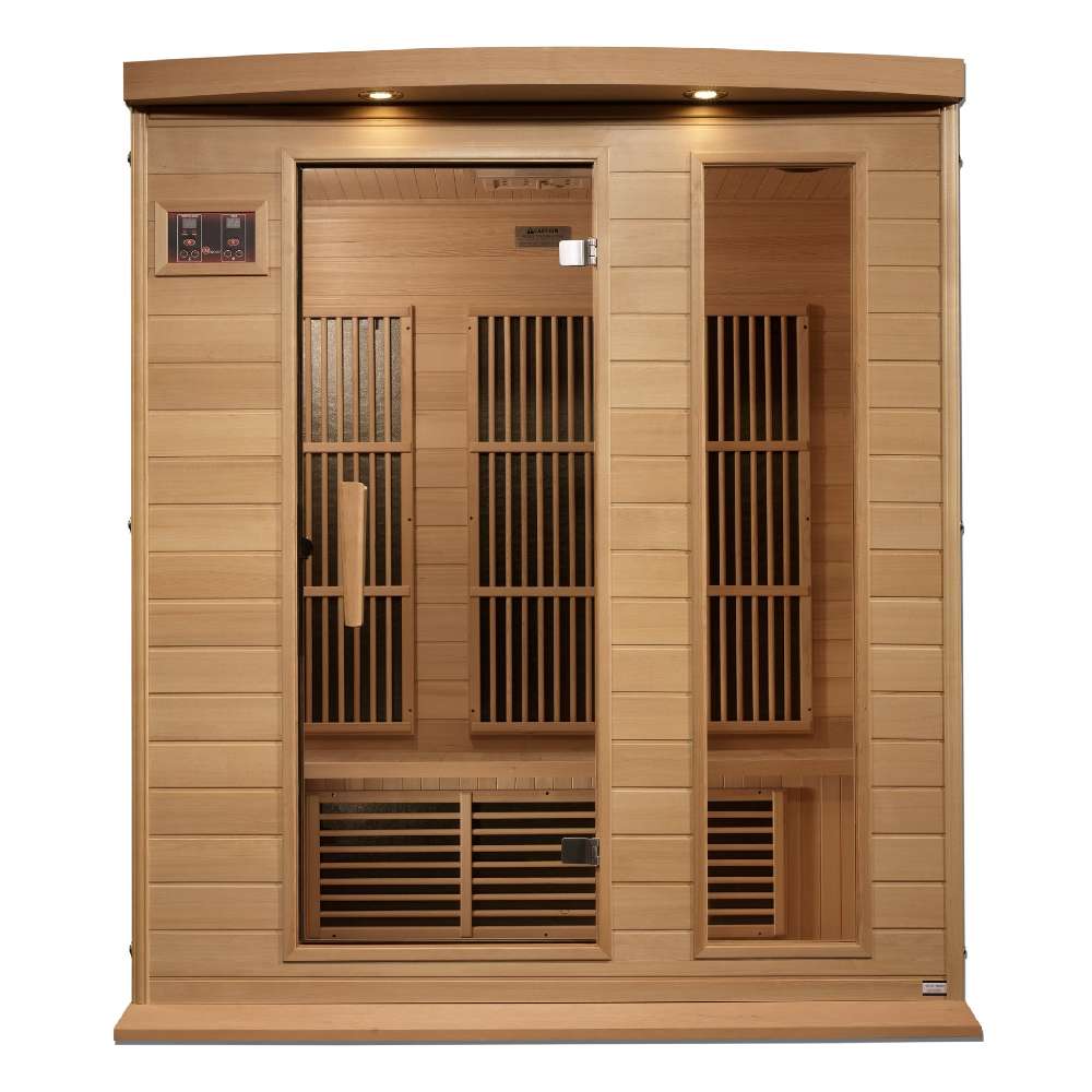 Front view of Golden Designs Maxxus 3 Person Near Zero EMF Far Infrared Sauna in Hemlock showing a hemlock cabin, bronze glass door and roof accent lights