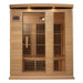 Front view of Golden Designs Maxxus 3 Person Near Zero EMF Far Infrared Sauna in Hemlock showing a hemlock cabin, bronze glass door and roof accent lights