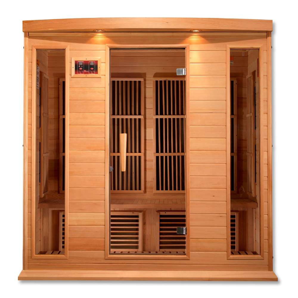 Front view of Golden Designs Maxxus 4 Person Low EMF Far Infrared Sauna in Hemlock showing a wide hemlock cabin, glass door, exterior control panel and roof accent lights
