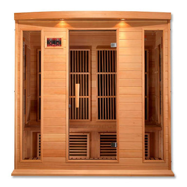 Front view of Golden Designs Maxxus 4 Person Low EMF Far Infrared Sauna in Hemlock showing a wide hemlock cabin, glass door, exterior control panel and roof accent lights