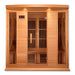 Front view of Golden Designs Maxxus 4 Person Low EMF Far Infrared Sauna in Hemlock showing a wide hemlock cabin, glass door, exterior control panel and roof accent lights