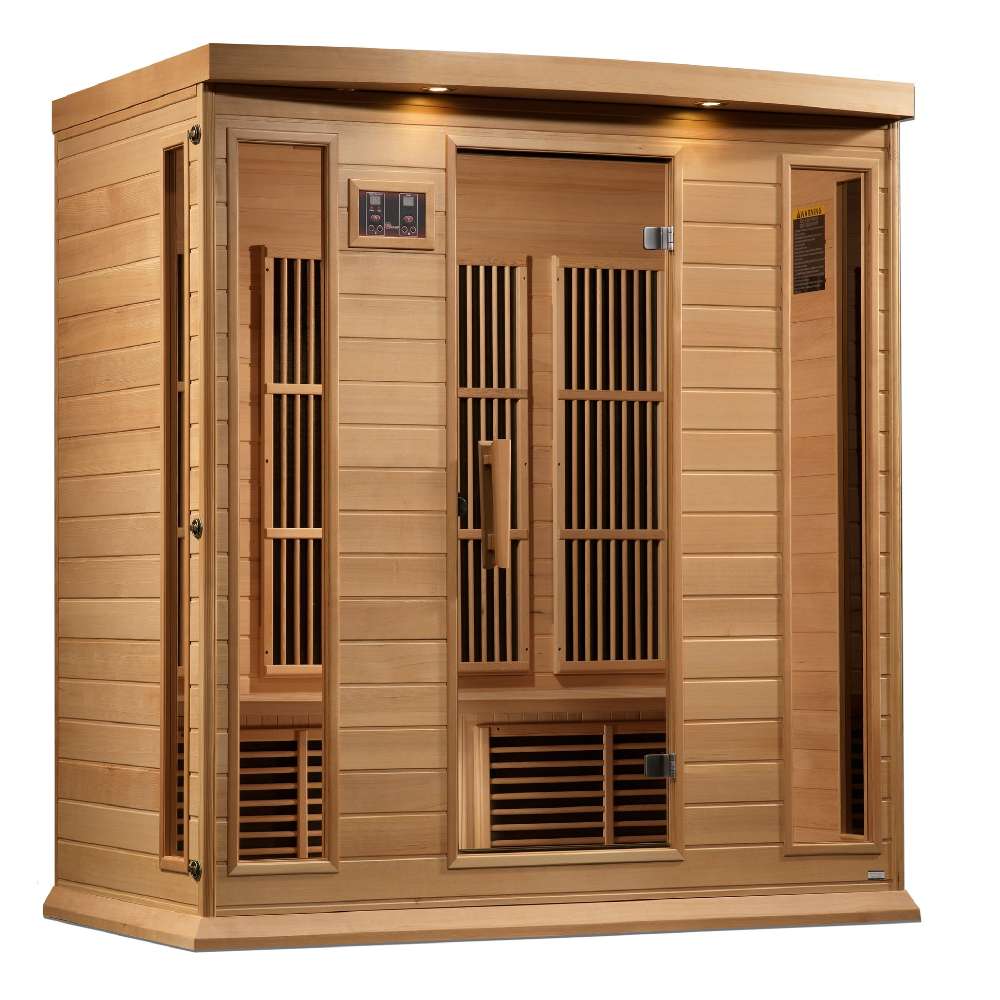 Front view of Golden Designs Maxxus 4 Person Near Zero EMF Far Infrared Sauna in Hemlock showing a wide hemlock cabin, bronze glass door and roof accent lights