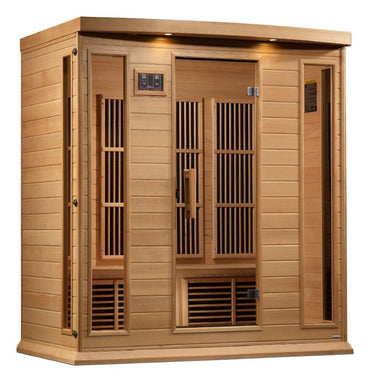 Front view of Golden Designs Maxxus 4 Person Near Zero EMF Far Infrared Sauna in Hemlock showing a wide hemlock cabin, bronze glass door and roof accent lights