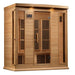 Front view of Golden Designs Maxxus 4 Person Near Zero EMF Far Infrared Sauna in Hemlock showing a wide hemlock cabin, bronze glass door and roof accent lights