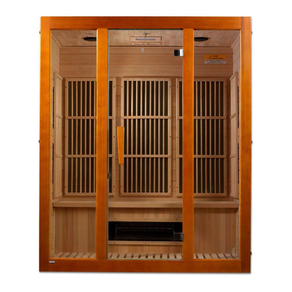 Front view of Golden Designs Maxxus Alpine Dual Tech 3 Person Low EMF Far Infrared Sauna showing a cedar-toned cabin, wide glass front and ceramic heater below the bench