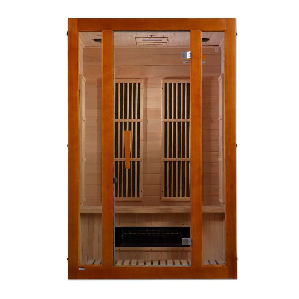 Front view of Golden Designs Maxxus Aspen Dual Tech 2 Person Low EMF Far Infrared Sauna showing a cedar-toned cabin, clear glass door and ceramic heater below the bench