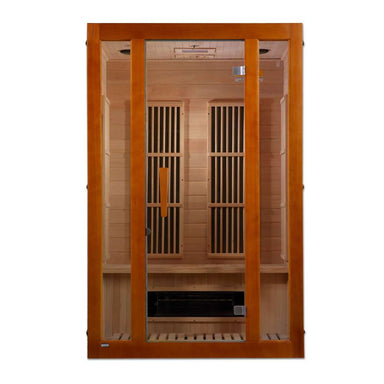 Front view of Golden Designs Maxxus Aspen Dual Tech 2 Person Low EMF Far Infrared Sauna showing a cedar-toned cabin, clear glass door and ceramic heater below the bench