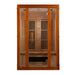 Front view of Golden Designs Maxxus Aspen Dual Tech 2 Person Low EMF Far Infrared Sauna showing a cedar-toned cabin, clear glass door and ceramic heater below the bench