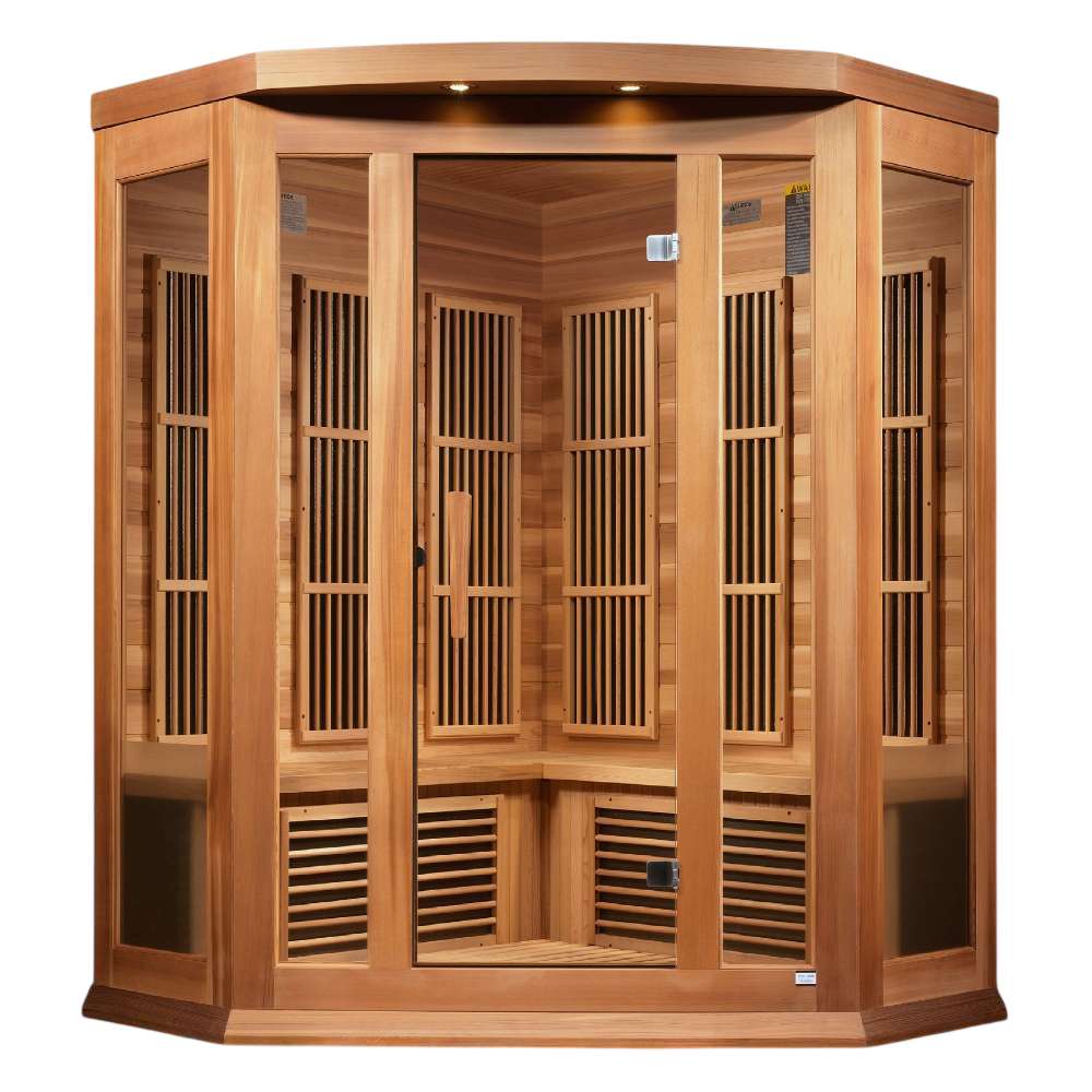 Front view of Golden Designs Maxxus Avignon 3 Person Corner Near Zero EMF Far Infrared Sauna in Red Cedar showing its angled corner cabin, clear glass door and roof accent lights