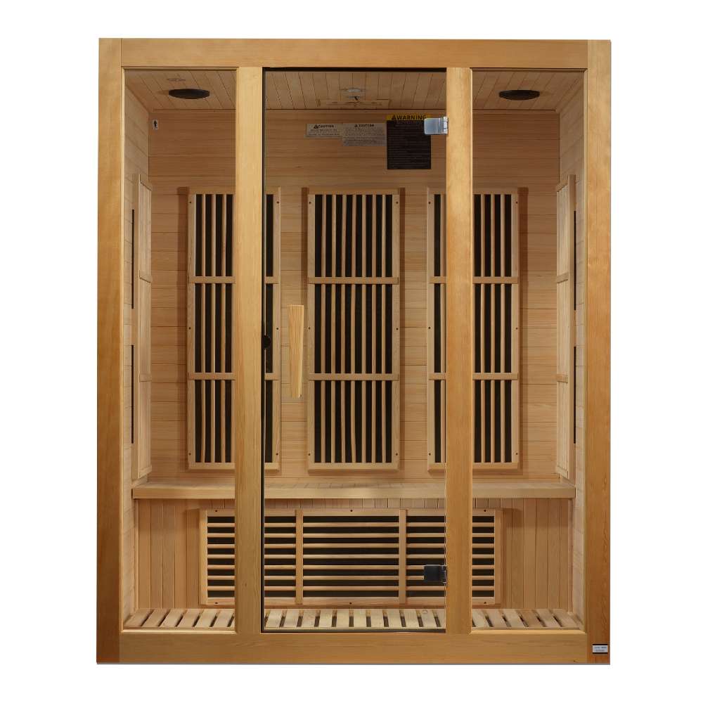 Front view of Golden Designs Maxxus Bellevue 3 Person Low EMF Far Infrared Sauna showing a hemlock cabin, clear glass door and carbon panels