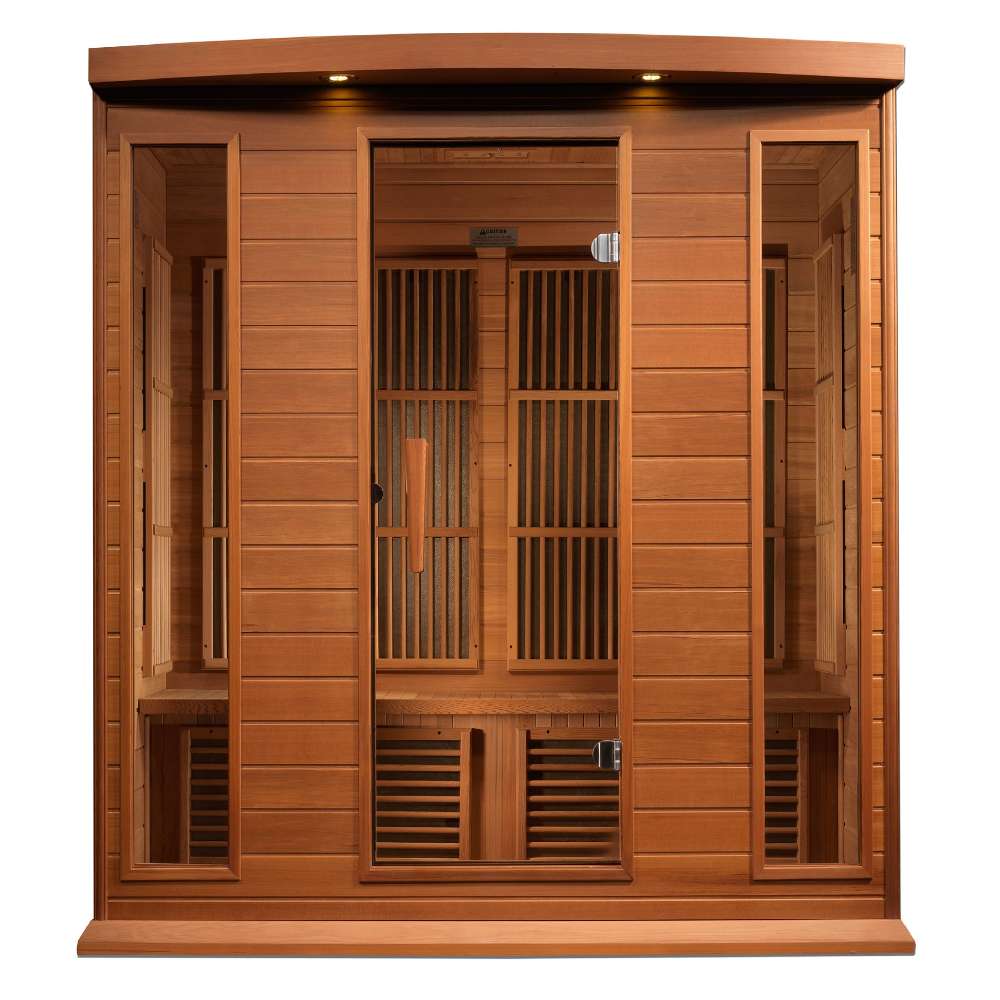 Front view of Golden Designs Maxxus Chaumont 4 Person Near Zero EMF Far Infrared Sauna in Red Cedar showing a wide red cedar cabin, glass door and roof accent lights