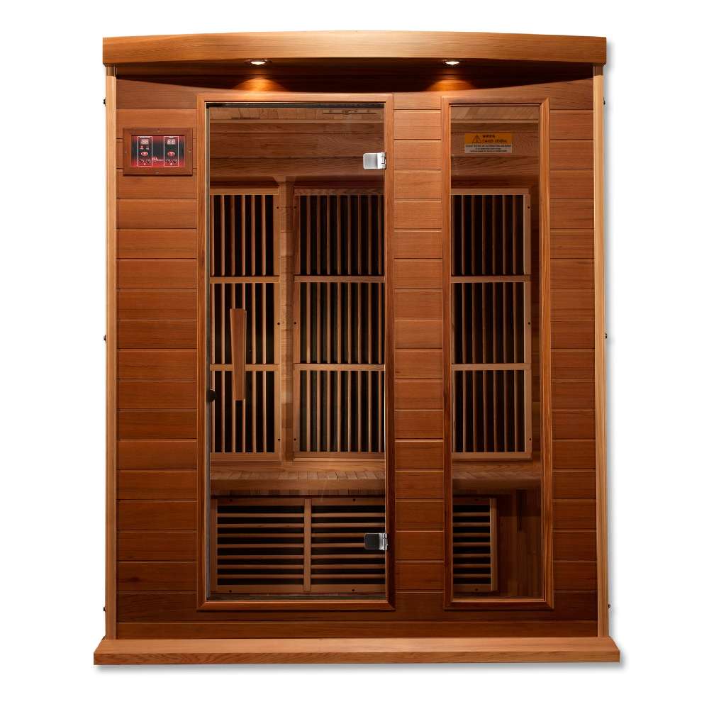 Front view of Golden Designs Maxxus Montilemar 3 Person Near Zero EMF Far Infrared Sauna in Red Cedar showing a red cedar cabin, glass door, exterior control panel and roof accent lights