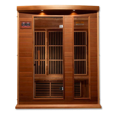 Front view of Golden Designs Maxxus Montilemar 3 Person Near Zero EMF Far Infrared Sauna in Red Cedar showing a red cedar cabin, glass door, exterior control panel and roof accent lights