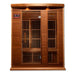 Front view of Golden Designs Maxxus Montilemar 3 Person Near Zero EMF Far Infrared Sauna in Red Cedar showing a red cedar cabin, glass door, exterior control panel and roof accent lights